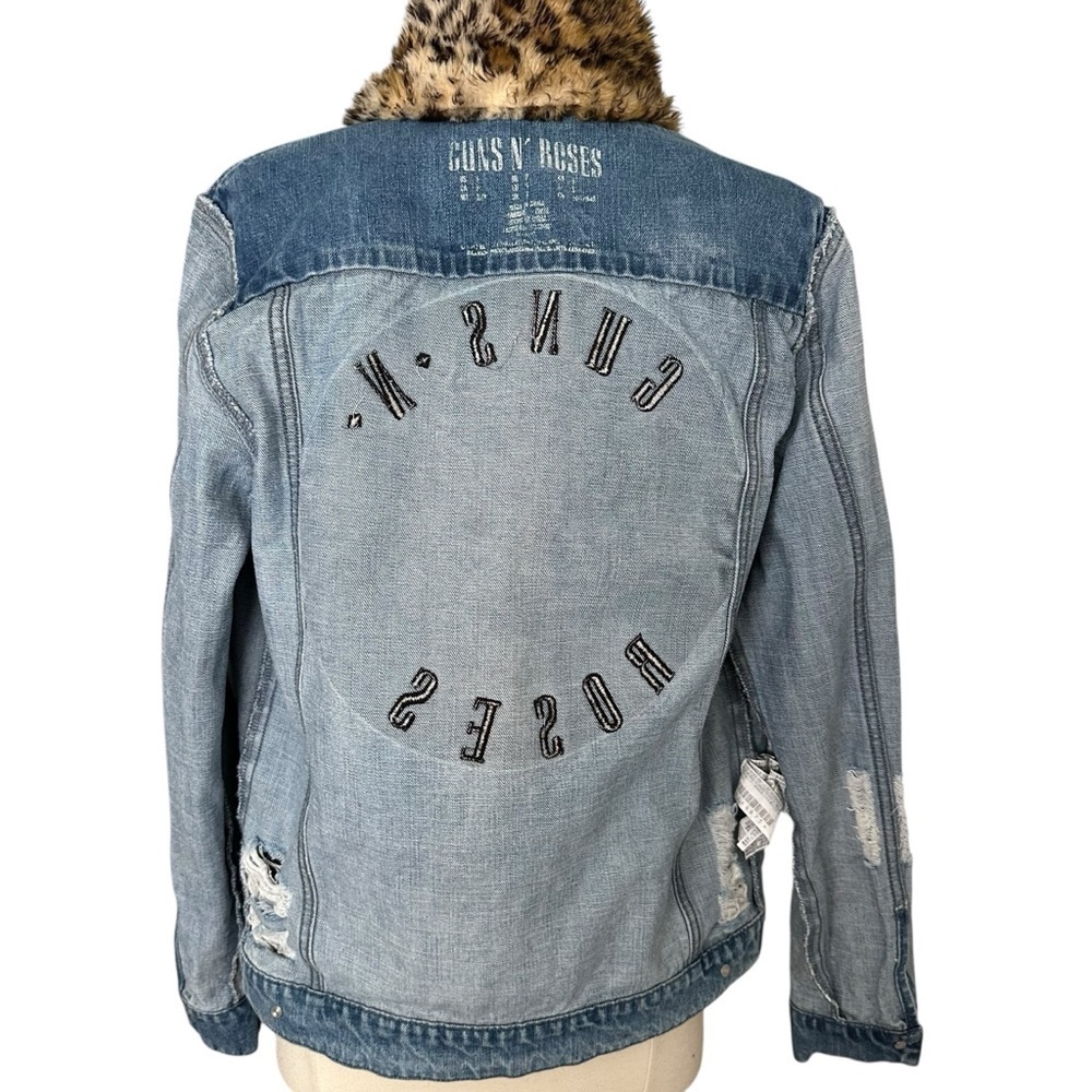 Guns N’ Roses Distressed Denim Trucker Band Jacket Leopard Faux Fur Collar M - Picture 10 of 15